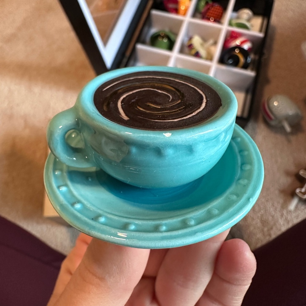 RETIRED: Nora Fleming “Warm Me Up” Ceramic Blue Coffee Cup and Saucer Set